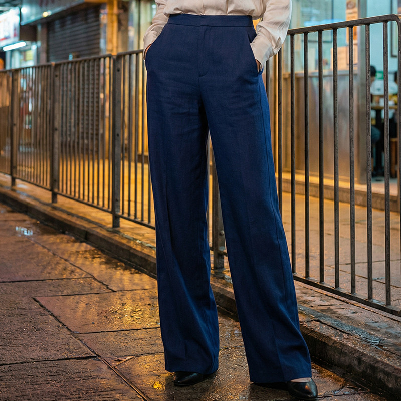 港风冰丝亚麻阔腿裤女夏2026新高腰显瘦西装裤薄款棉麻窄版直筒裤