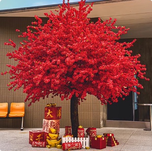 仿真桃花树红色中式国风许愿树发财红包树假树布置新年落地装饰