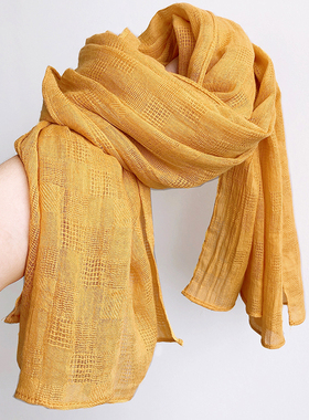 姜黄色棉麻手感镂空纯色韩版披肩春秋细长条小丝巾女春夏护颈围巾