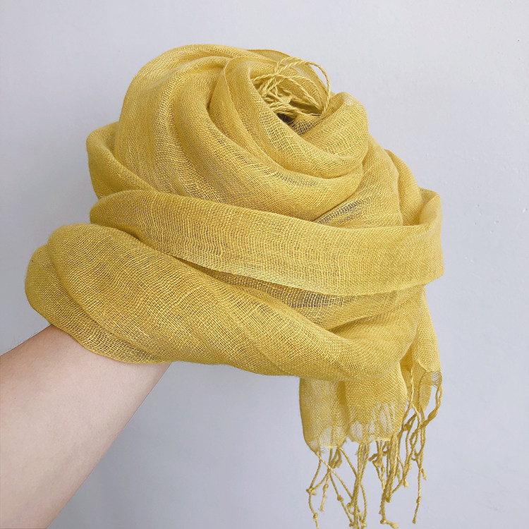 日系纯亚麻姜黄色围巾文艺流苏新