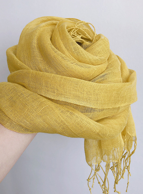 日系纯亚麻姜黄色围巾百搭文艺流苏薄款防晒披肩春夏透气丝巾女新