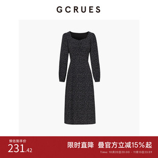 GCRUES商场同款黑色碎花连衣裙女秋收腰显瘦气质长裙 G07Q08A1462