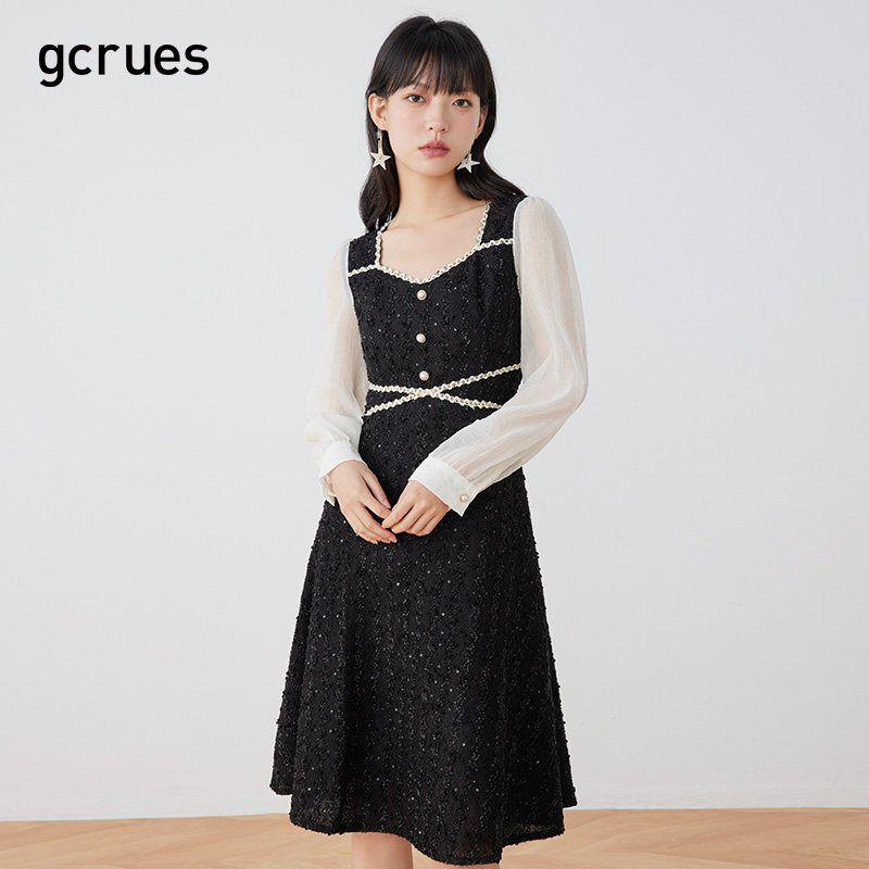 gcrues撞色方领连衣裙2023春秋新款BlingBling小香风裙子女中长款