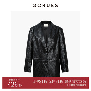 GCRUES商场同款 G01C05A1662 黑色复古皮夹克女2025春气质pu皮外套