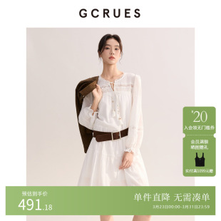 G02C08E0172Z 白色收腰连衣裙女2026春季 GCRUES法式 宽松复古长袖