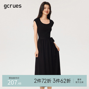 GCRUES短袖大圆领黑色连衣裙春秋新款女装气质显瘦（配腰带）