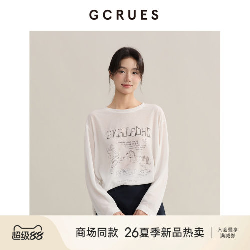 GCRUES白色宽松印花长袖T恤女夏