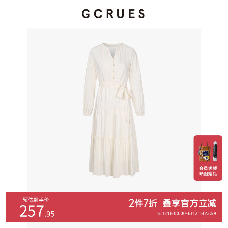GCRUES商场同款简约绑带气质收腰连衣裙女春秋季 G07Q08A1662