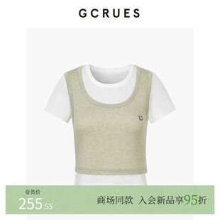 T恤女夏季 减龄百搭上衣G05X03A1562 假两件撞色短袖 GCRUES商场同款