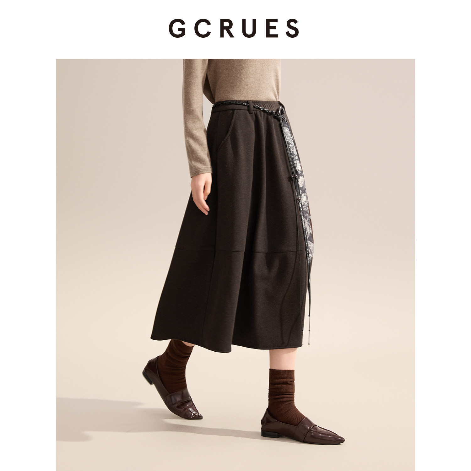 GCRUES复古咖色半身裙伞裙女秋冬新款中长款大摆裙 G09D07E0262Z,女装/女士精品,半身裙,淘宝优惠券,粉丝福利购,淘宝优惠卷