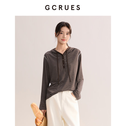 GCRUES百搭连帽条纹长袖T恤女春