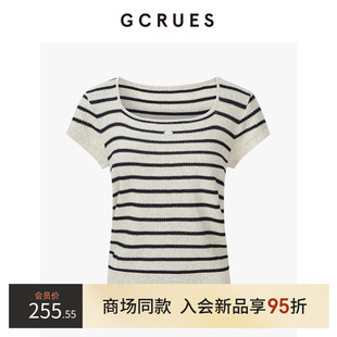 G04X04A2062 GCRUES商场同款 撞色黑白条纹针织T恤女夏季 短袖 上衣