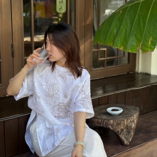 单上衣圆领宽松休闲 姜川织物「花韵」100%汉麻女士短袖