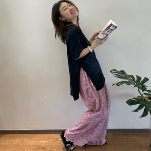 姜川织物「热烈」高密全棉松紧腰小碎花阔腿裤女 东大门松弛裤