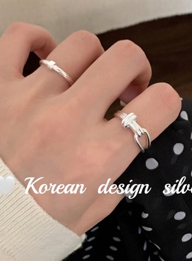 韩版秋冬新款ins风银饰 S925纯银简约椭圆镂空相扣双层戒指小众女