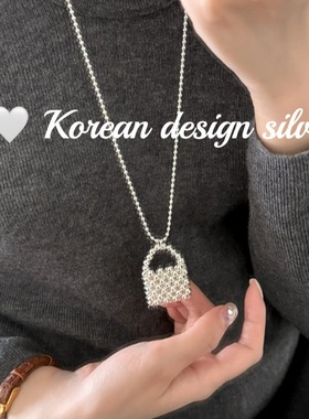 韩版秋冬ins风设计毛衣链 S925纯银圆珠拼接编织包包项链小众设计