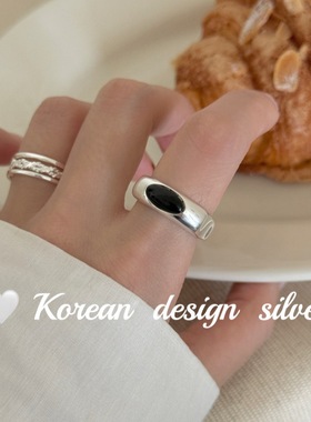 韩版东大门小众简约ins风饰品S925纯银椭圆黑玛瑙方形戒指高级感