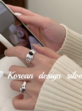 韩国时尚ins风银饰 S925纯银肌理感椭圆黑玛瑙戒指小众设计高级感