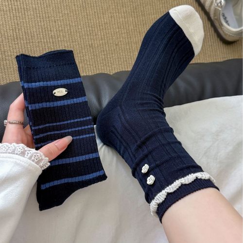 ins韩系藏青学院风格子蝴蝶结女中筒袜小花纽扣泡泡口花边饰品袜