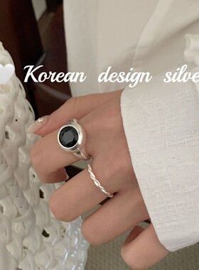 韩系个性小众设计银饰 S925纯银简约切面黑锆石戒指女高级感ins风