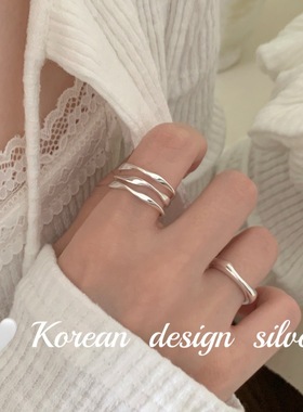 韩系性冷淡风小众设计银饰品 S925纯银极简三层波浪戒指高级感女