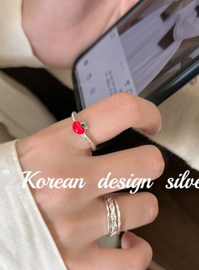 韩国小众个性设计饰品 S925纯银红色滴釉苹果戒指高级感叠戴圣诞