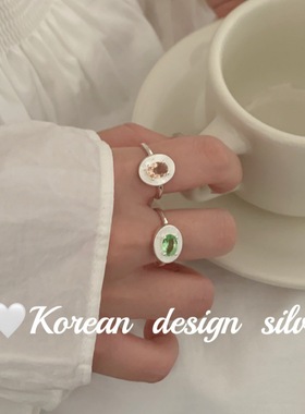 韩版东大门轻奢时尚银饰 S925纯银椭圆竖条纹粉绿锆石戒指高级感