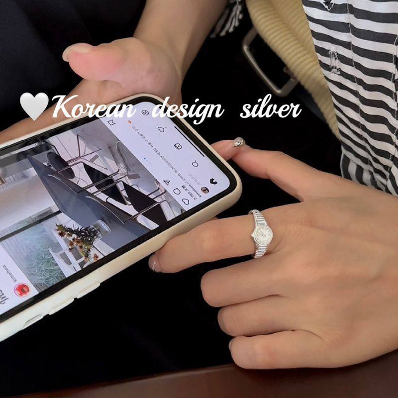 925纯银手表戒指 ins风女生小众设计韩版时钟亮银色开口指环