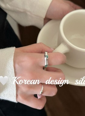 韩国小众设计高级感银饰品 S925纯银不规则绿锆石戒指开口女ins风