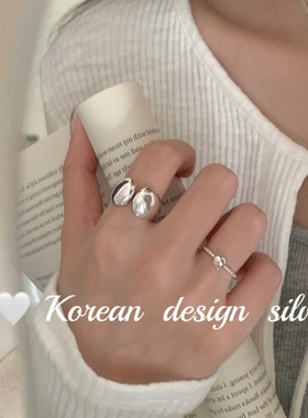 韩版东大门ins风设计亮银饰品 S925纯银重工水滴开口戒指高级质感