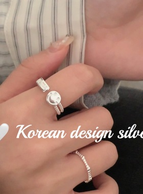 韩版个性小众设计银饰 S925纯银双层笑脸英文开口麻花戒指百搭女