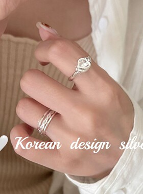 韩系小众简约ins风饰品 S925纯银椭圆凹面肌理感戒指叠戴高级感女