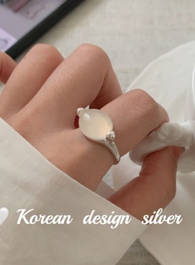 韩国东大门ins风亮银饰品批发 S925纯银简约椭圆白玉髓戒指高级感