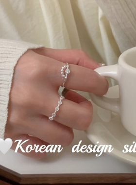 韩国轻奢小众设计银饰 S925纯银精致半圆镂空圆珠拼接锆石戒指ins
