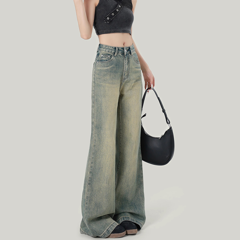 美式复古高腰阔腿牛仔裤女春秋新款宽松显瘦垂感百搭微喇长裤子潮