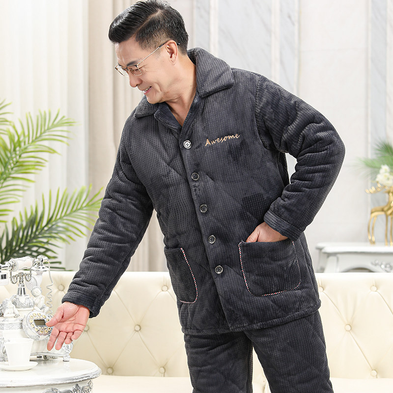 爸爸睡衣男士冬季三层珊瑚绒夹棉中老年加厚加绒保暖家居服秋冬款
