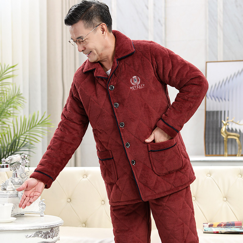 睡衣男士秋冬季珊瑚绒夹棉保暖中老年家居服加厚加绒爸爸冬款套装