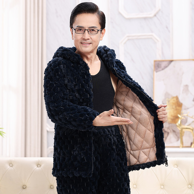 连帽加厚睡衣男士冬季三层夹棉爸爸中老年拉链新款加绒保暖家居服