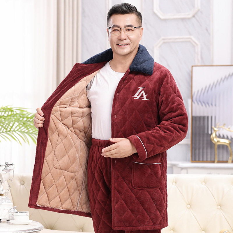 中长款夹棉睡衣男士冬季加厚加绒保暖珊瑚绒套装中老年爸爸家居服