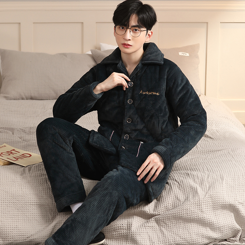男士睡衣秋冬季法兰绒夹棉可外穿