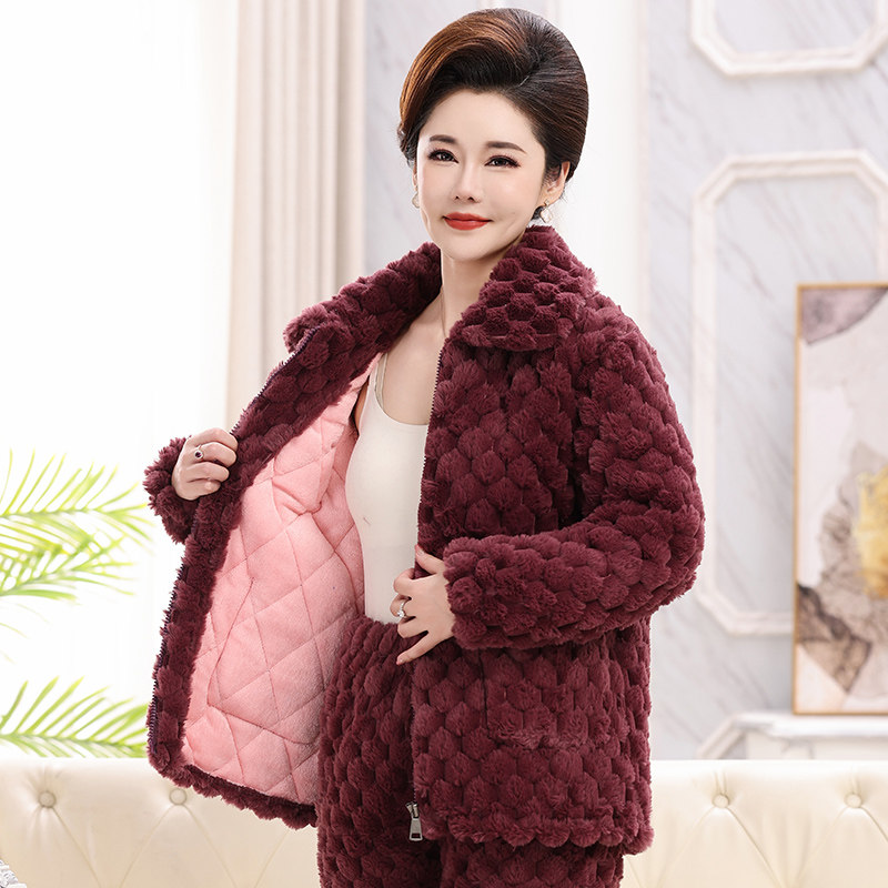 冬季睡衣女士加厚加绒保暖三层夹棉袄妈妈中老年家居服珊瑚绒套装,女士内衣/男士内衣/家居服,睡衣/家居服套装,淘宝优惠券,粉丝福利购,淘宝优惠卷