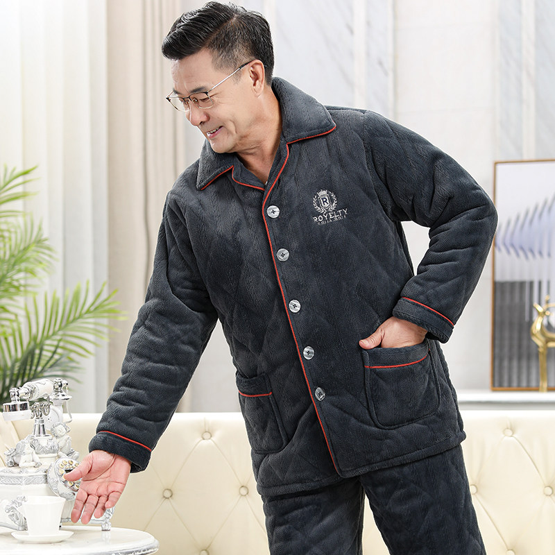 秋冬季男士睡衣加厚加绒中老年珊瑚绒保暖三层夹棉爸爸家居服冬款