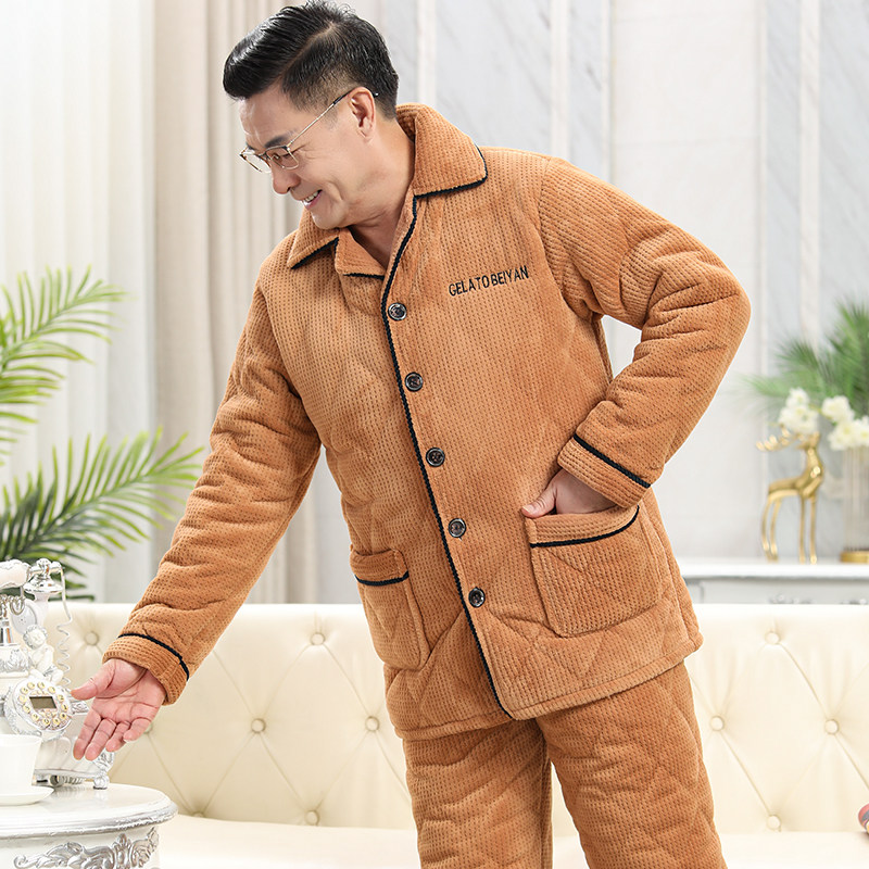 秋冬季男士睡衣加绒加厚中老年爸爸保暖三层夹棉家居服珊瑚绒冬款