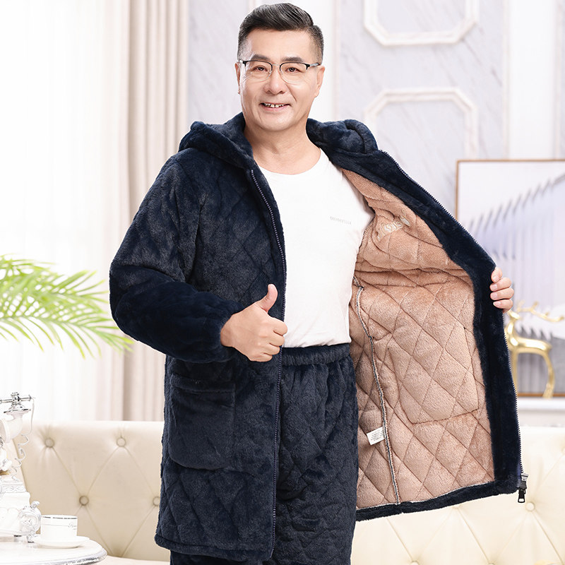 冬季男士睡衣加厚加绒珊瑚三层保暖夹棉带帽爸爸中老年家居服套装