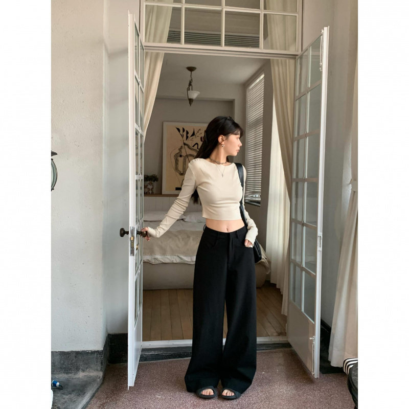 ThreeH牛牛黑色休闲直筒西装裤女
