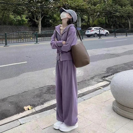 运动套装女2024秋季新款韩版宽松网红休闲卫衣拉链+阔腿裤两件套