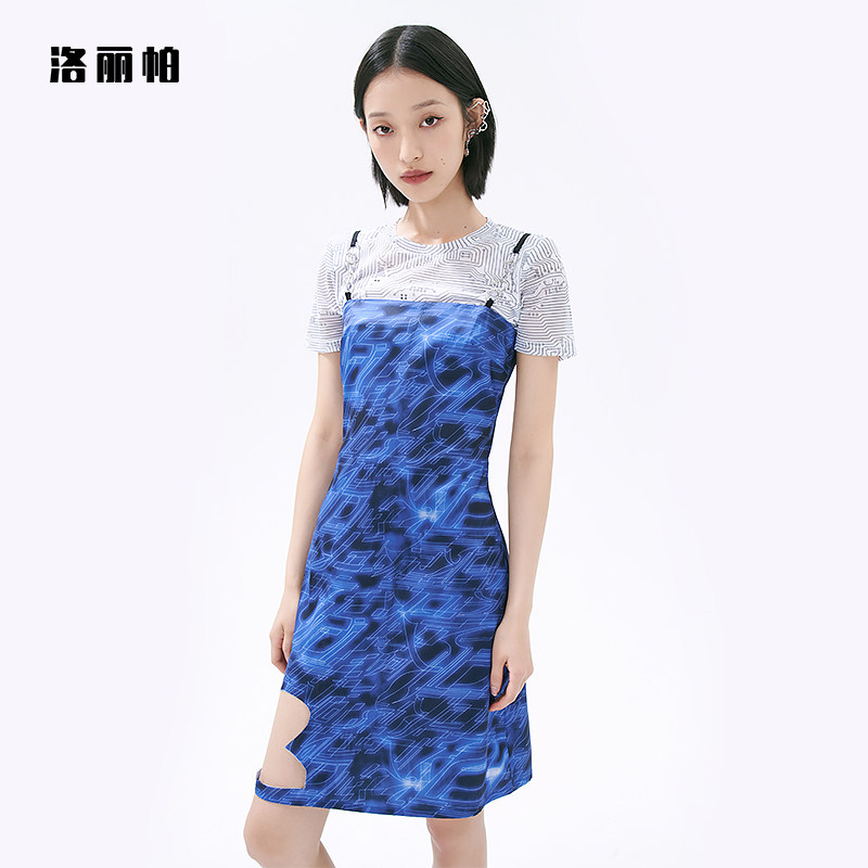 洛丽帕甜酷女装精致金属吊带裙不规则裙摆蓝黑色系又飒又连衣裙