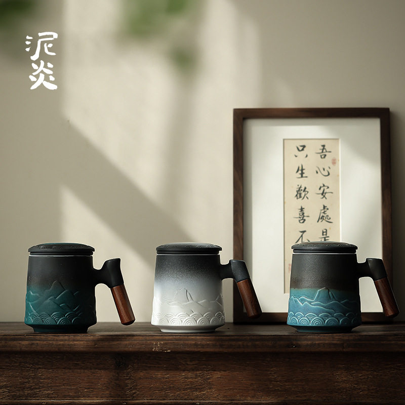 泥炎陶中式过滤泡茶杯马克杯茶杯