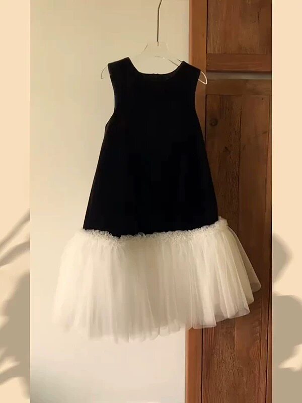 女童高级黑色连衣背心裙丝绒修身显瘦纱裙亲子中长款胖MM公主裙