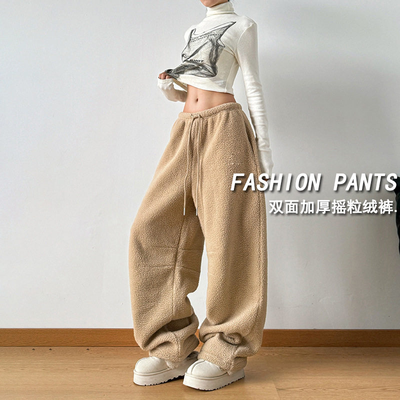 双面摇粒绒加绒阔腿裤女2025新款冬季加厚慵懒风宽松直筒休闲长裤
